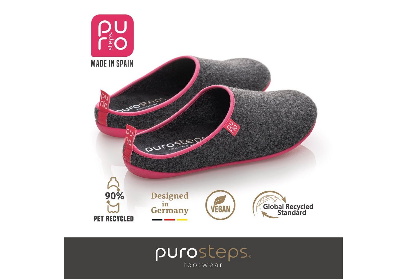 purosteps Fieltro-Eco Hausschuh Hergestellt aus recycelten PET Flaschen, Handgefertigt, Naturkautschuk