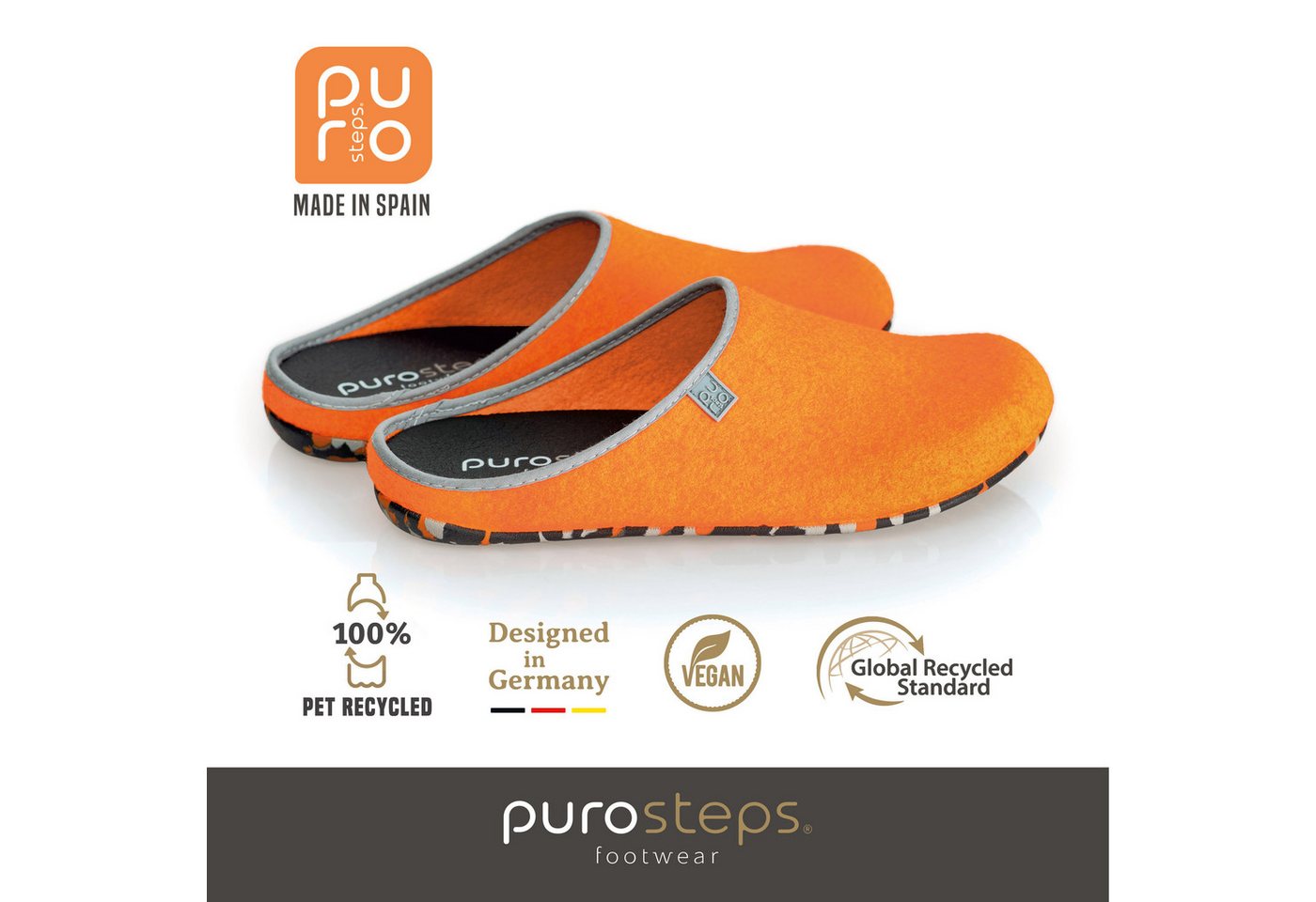 purosteps Fieltro-Eco Hausschuh Hergestellt aus recycelten PET Flaschen, Handgefertigt, Naturkautschuk