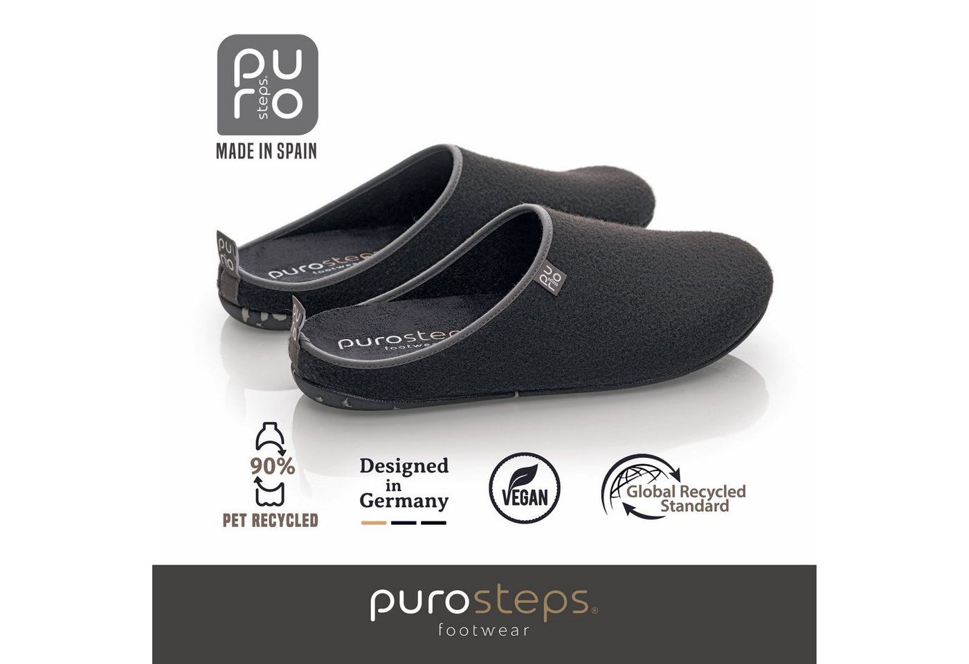 purosteps Fieltro-Eco Hausschuh Hergestellt aus recycelten PET Flaschen, Handgefertigt, Naturkautschuk (grau/schwarz)