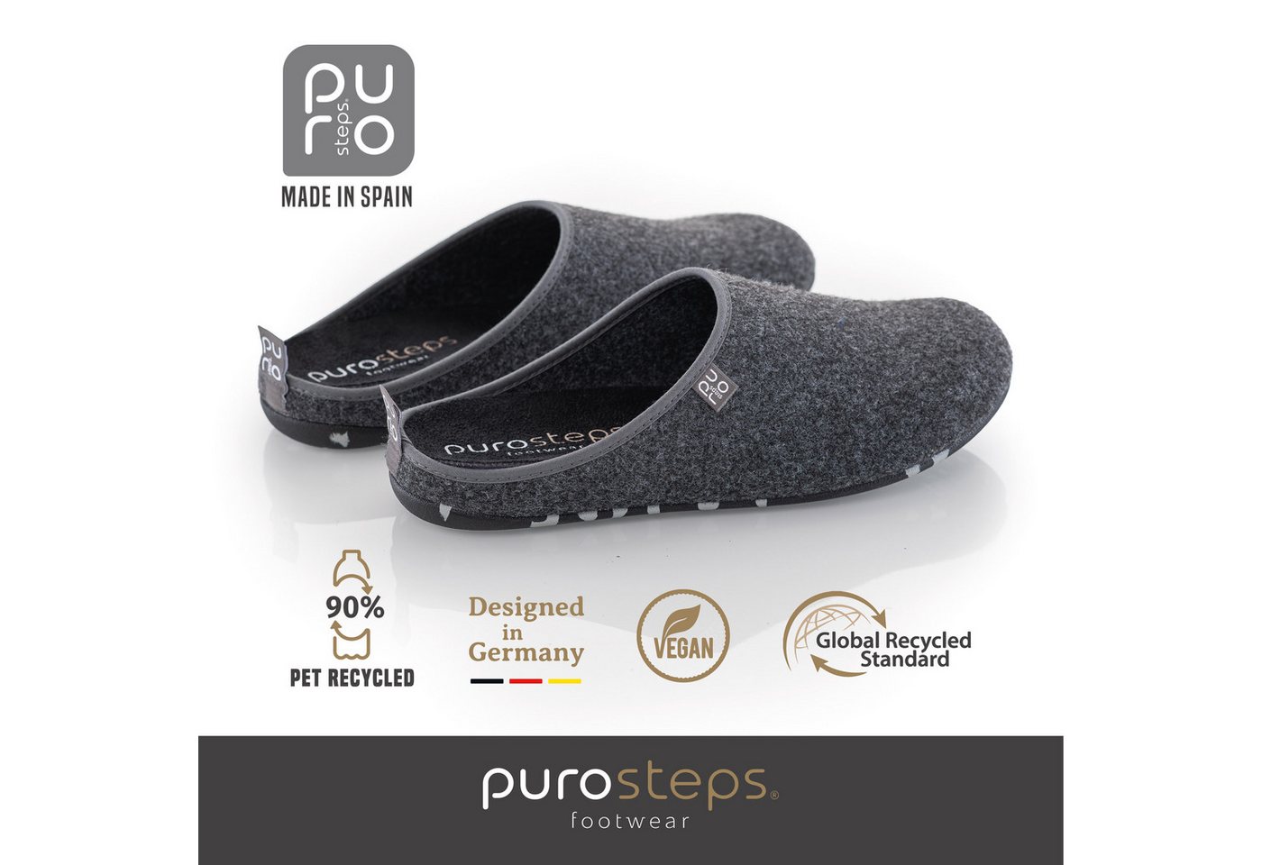 purosteps Fieltro-Eco Hausschuh Hergestellt aus recycelten PET Flaschen, Handgefertigt, Naturkautschuk