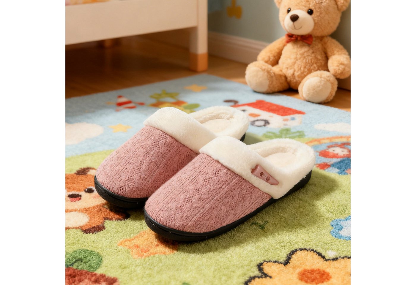 REDOM Flauschige Hausschuhe für Damen Herren Plüsch Hausschuhe (atmungsaktiver Strickstoff mit modernem Farbdesign, 1-tlg., Plüsch-Strickslipper mit Memory-Schaum rutschfester Gummisohle) ideal für gemütliche Stunden und täglichen Gebrauch (rosa)