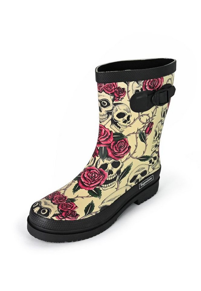Regenliebe Ghost Gummistiefel Halbschaft Stiefel mit Totenköpfen und roten Rosen