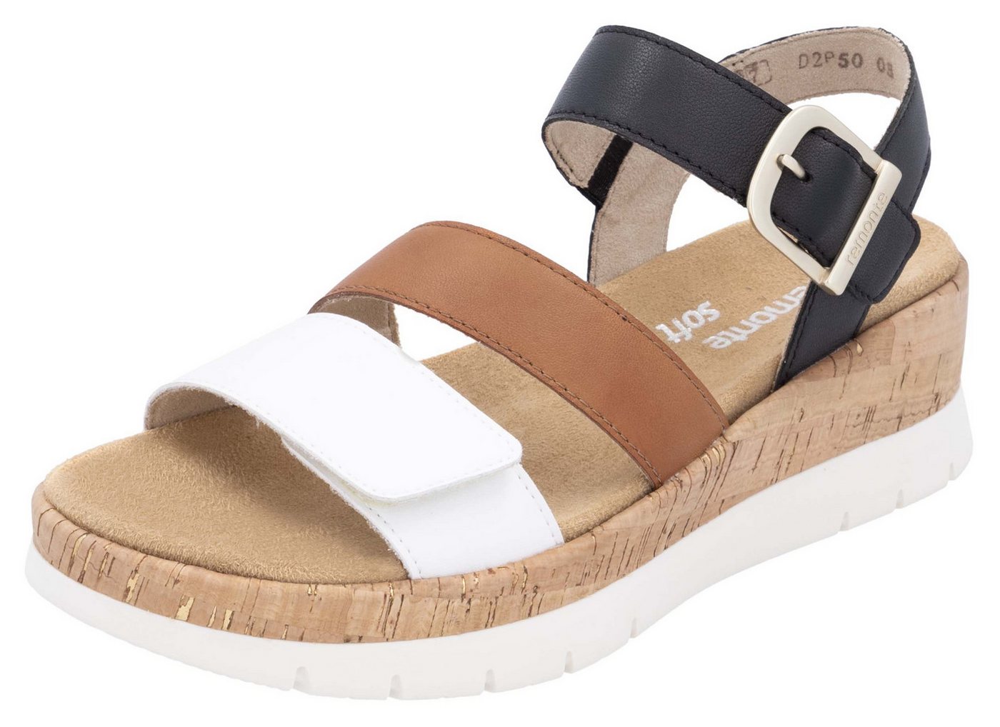Remonte Keilsandalette, Riemchensandale, Sommerschuh, Bequemschuh mit Zierschnalle (schwarz/weiß/braun)