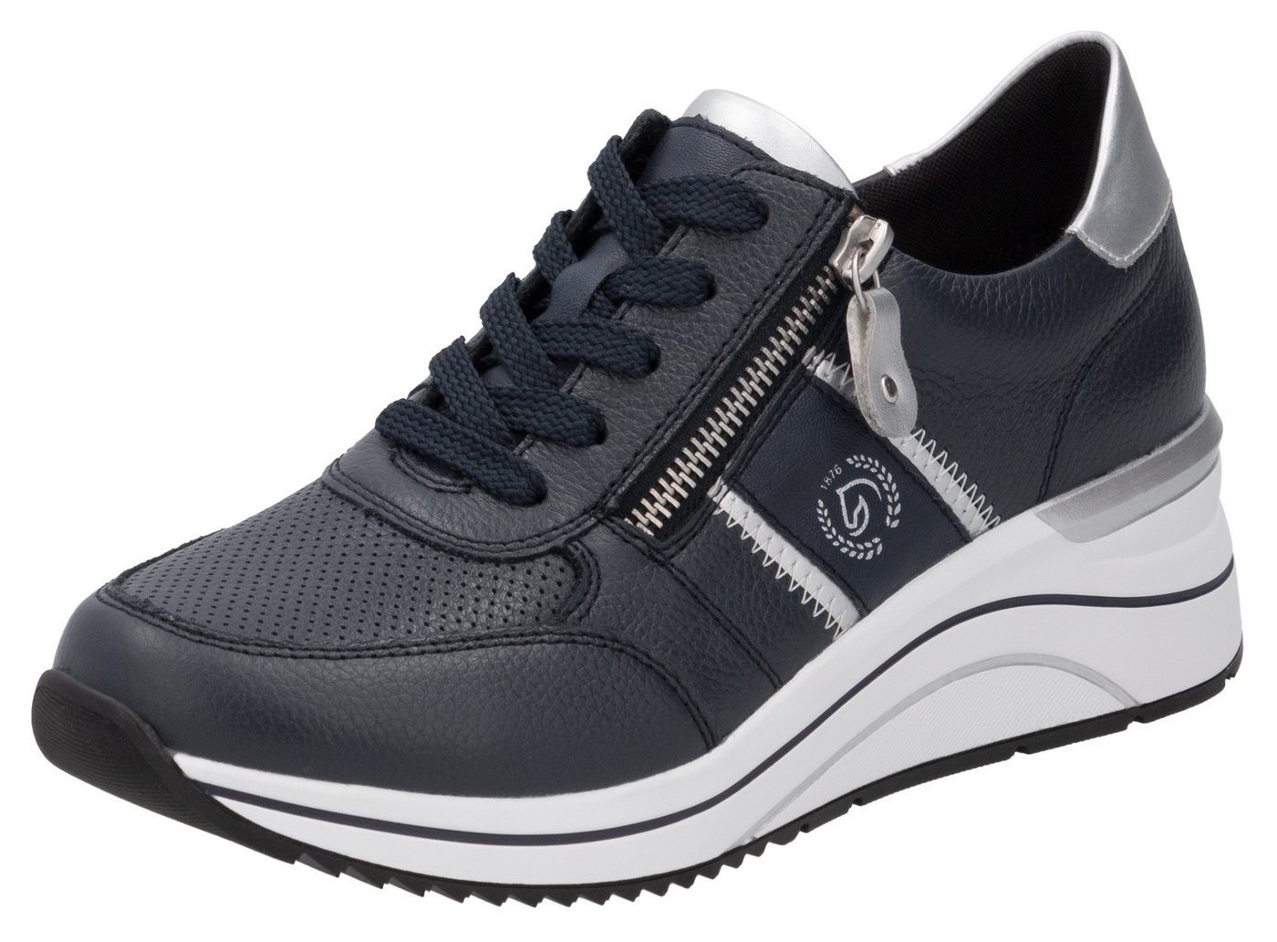Remonte Keilsneaker, Freizeitschuh, Halbschuh, Schnürschuh mit Metallic-Kontrastbesätzen (blau/silber)