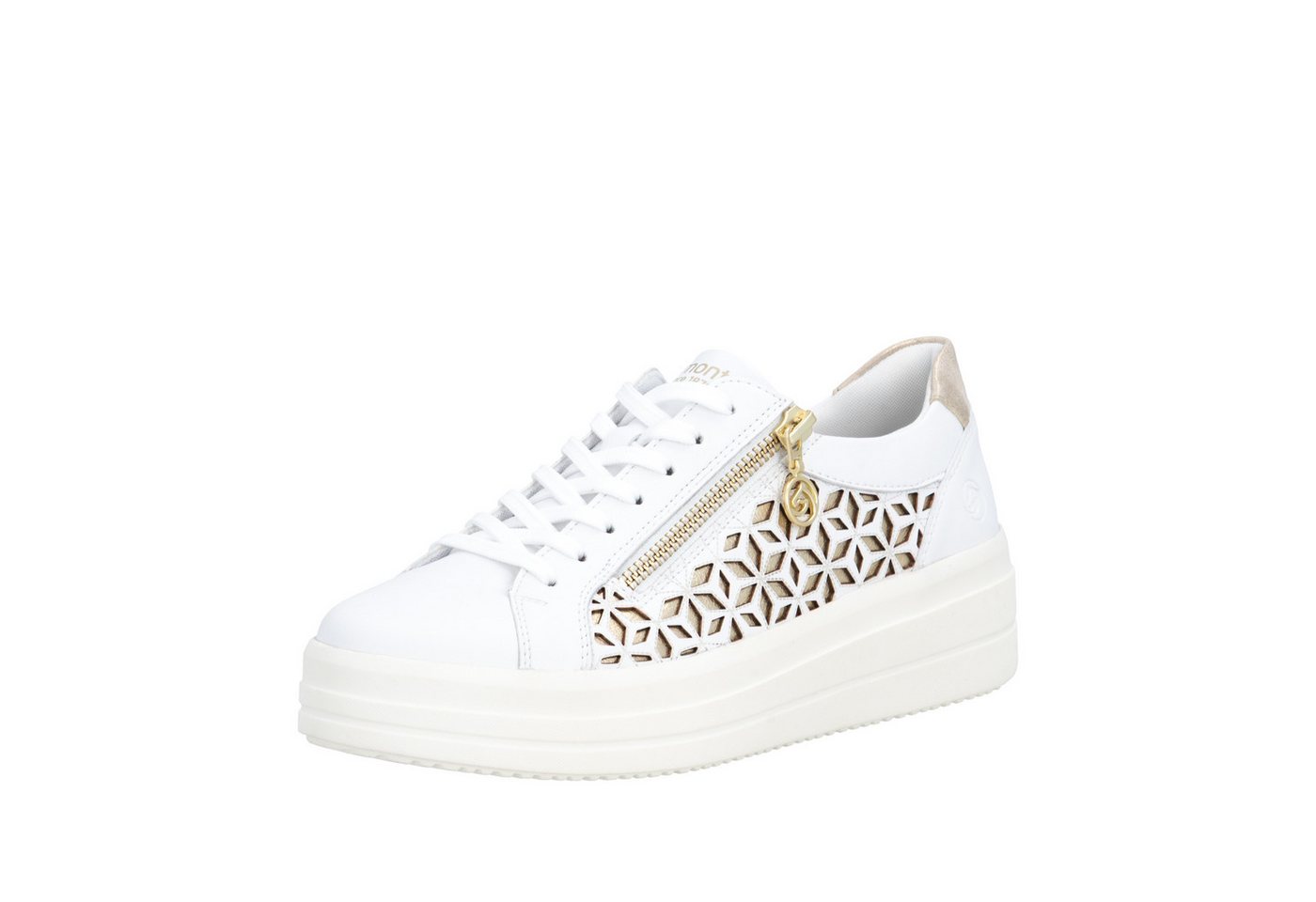 Remonte Plateausneaker Halbschuh, Schnürschuh mit Perforation und seitlichem Reißverschluss (gold/weiß)