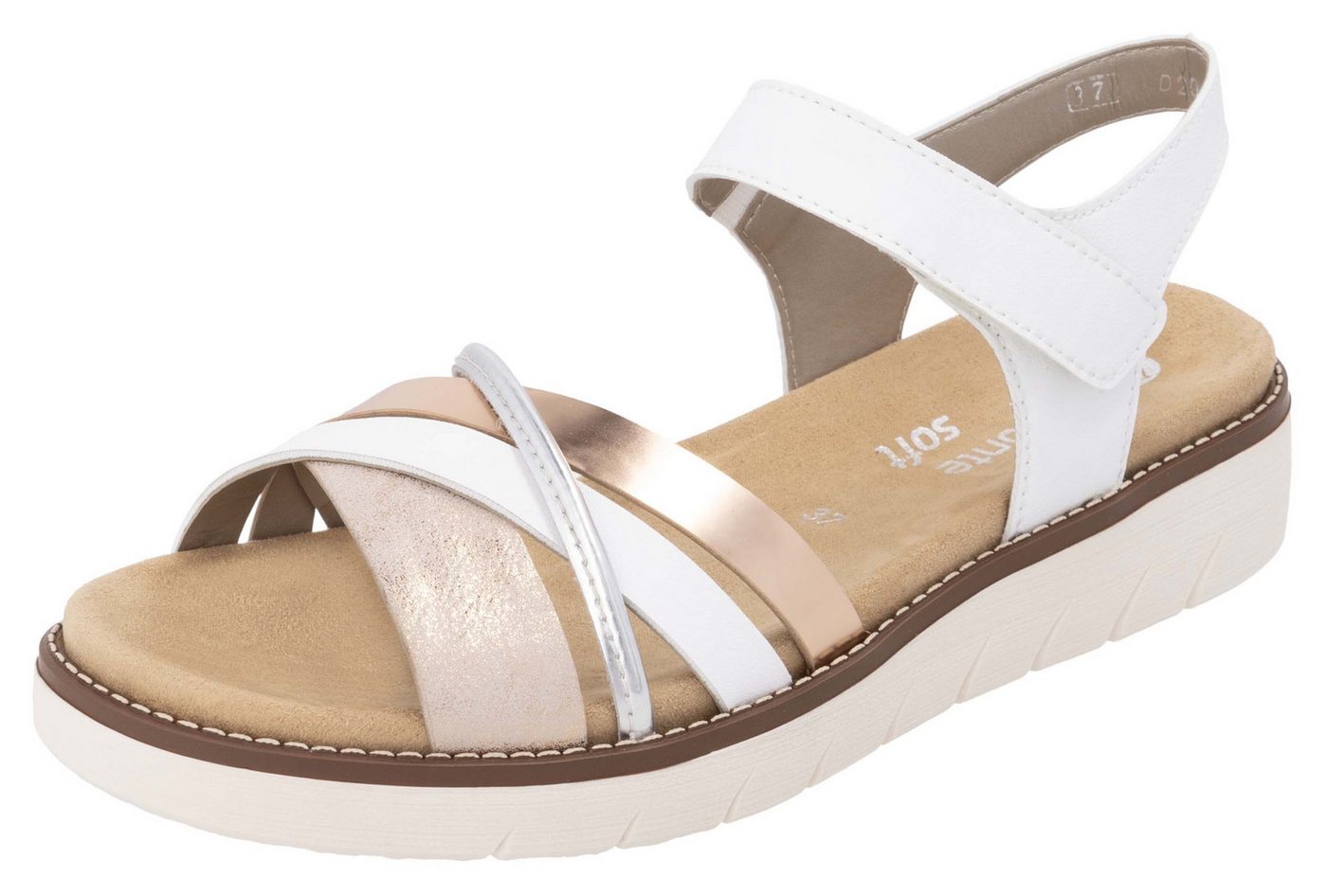 Remonte Riemchensandale, Keilabsatz, Sommerschuh, Sandalette mit herausnehmbarer Softeinlage (gold/weiß)