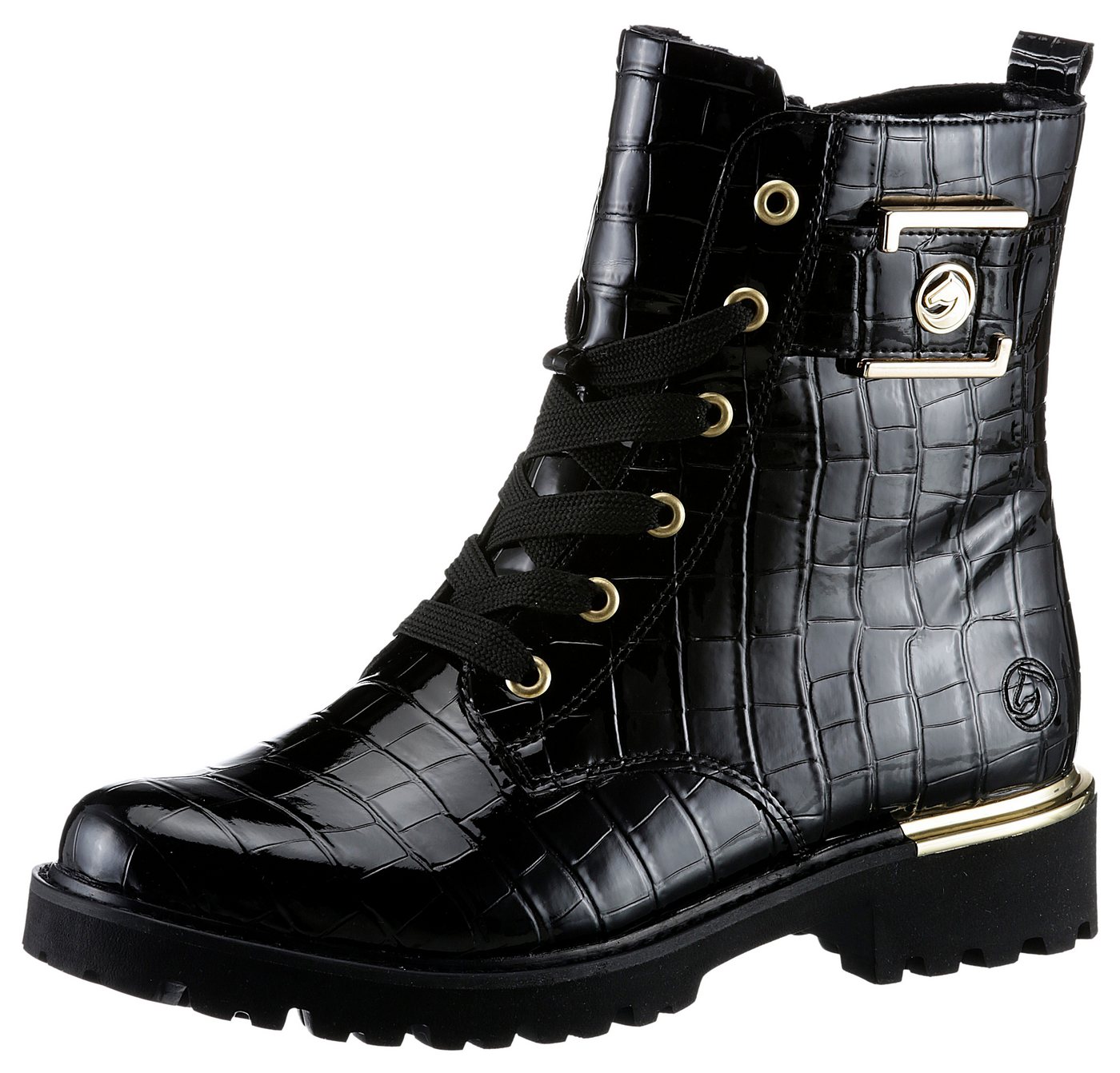 Remonte Schnürstiefelette, Blockabsatz, Schnürboots im Kroko-Look, Innenreißverschluss (gold/schwarz)