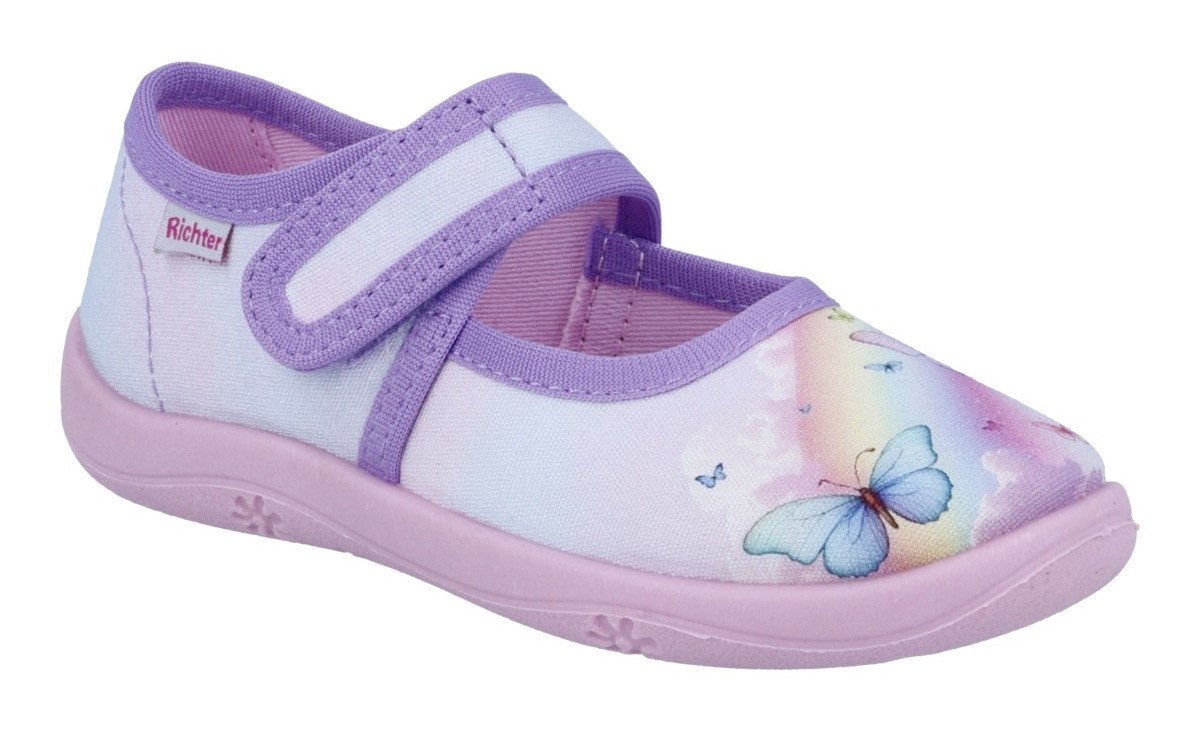 Richter Mia Hausschuh Kindergartenschuh, Klettschuh mit WMS, Größeschablone zum Download (rosa/lila/bunt)