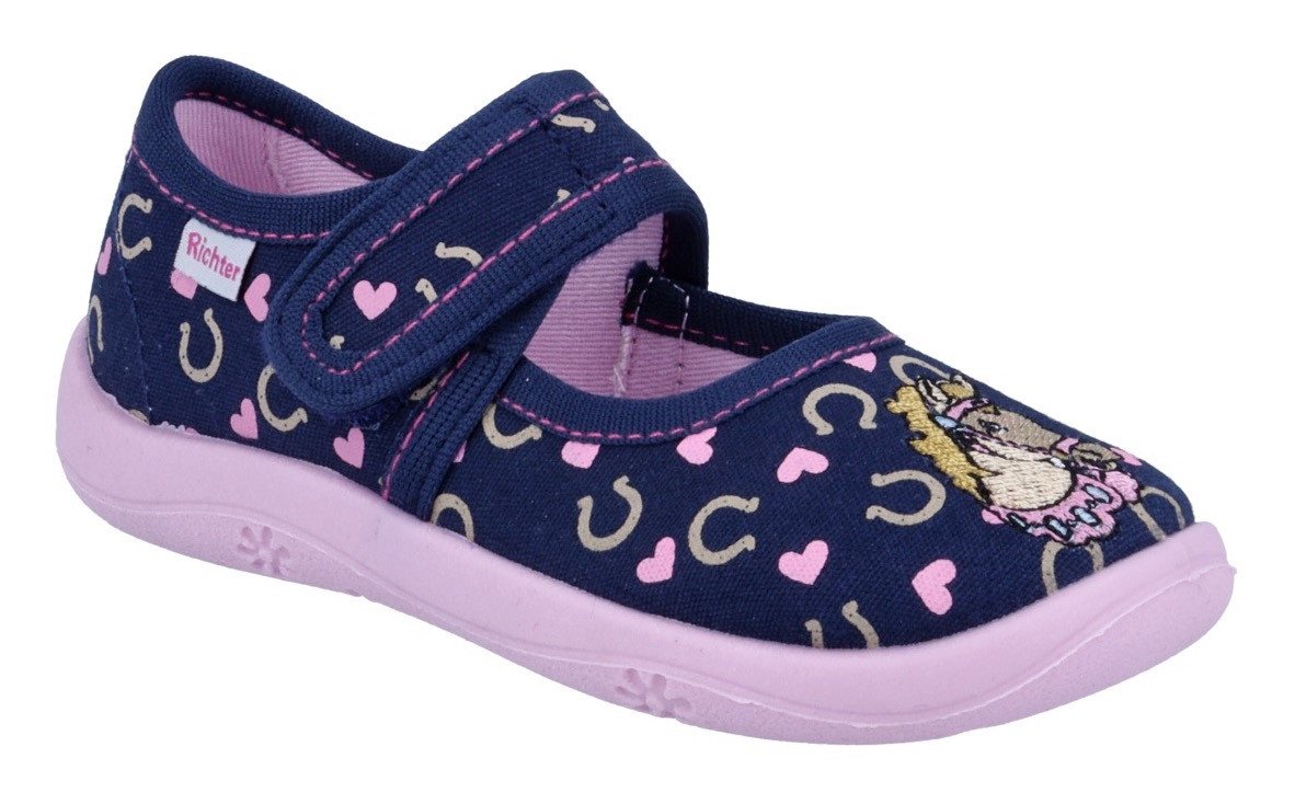 Richter Mia WMS: Mittel Hausschuh Klettschuh mit pastellfarbenem Print, Größenschablone zum Download (blau)