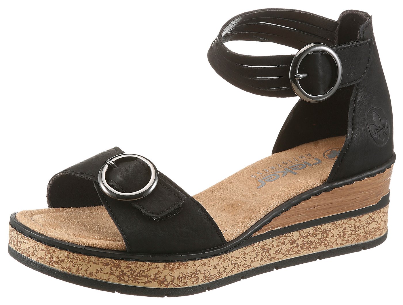 Rieker Keilsandalette Sommerschuh, Urlaubsschuh, Sandale mit trendy Fesselriemchen (schwarz)
