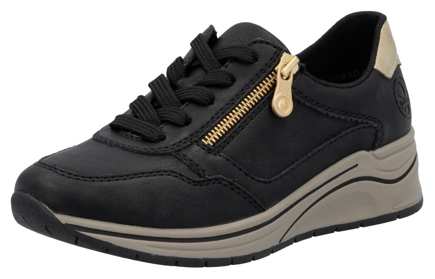 Rieker Keilsneaker, Halbschuh, Schnürschuh, Freizeitschuh mit Soft-Einlage (gold/schwarz)