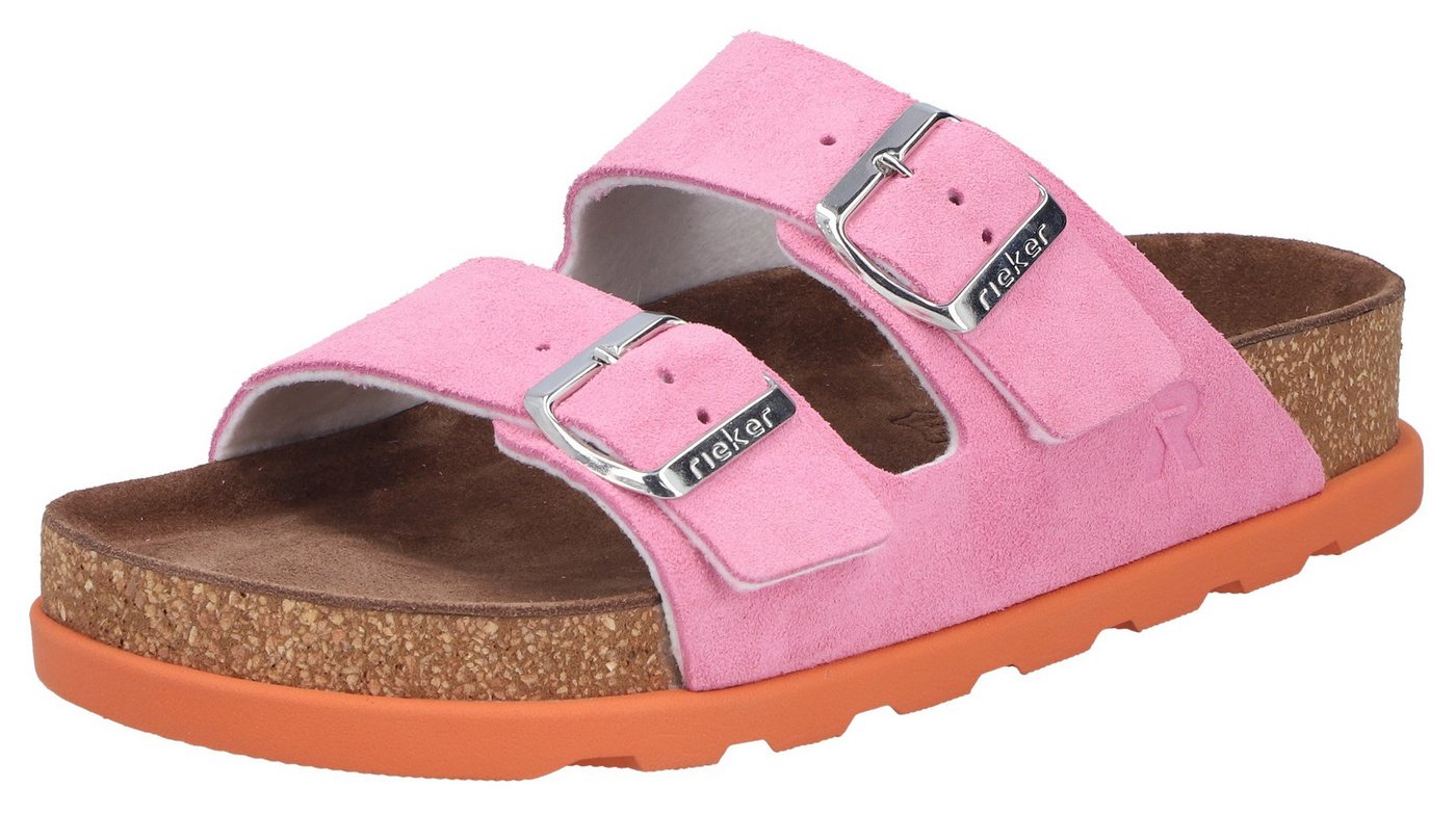Rieker Pantolette Hausschuh, Sommerschuh, Strandschuh, Zweischnaller mit Softfußbett (rosa)