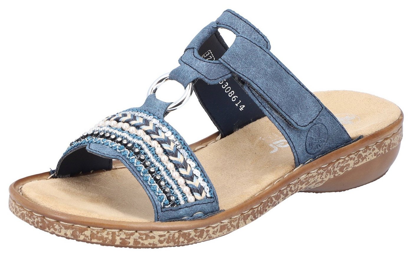 Rieker Pantolette Keilabsatz, Sommerschuh, Schlappen mit Pailetten- und Perlenbesatz