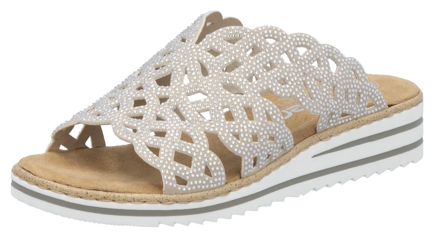Rieker Pantolette Sommerschuh, Strandschuh, Hausschuh, Keilabsatz, mit Strass-Steinchen