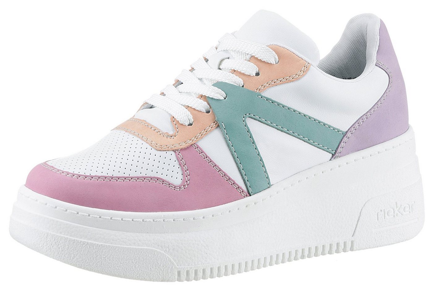 Rieker Plateausneaker mit pastellfarbenen Kontrasten, Freizeitschuh, Halbschuh, Schnürschuh