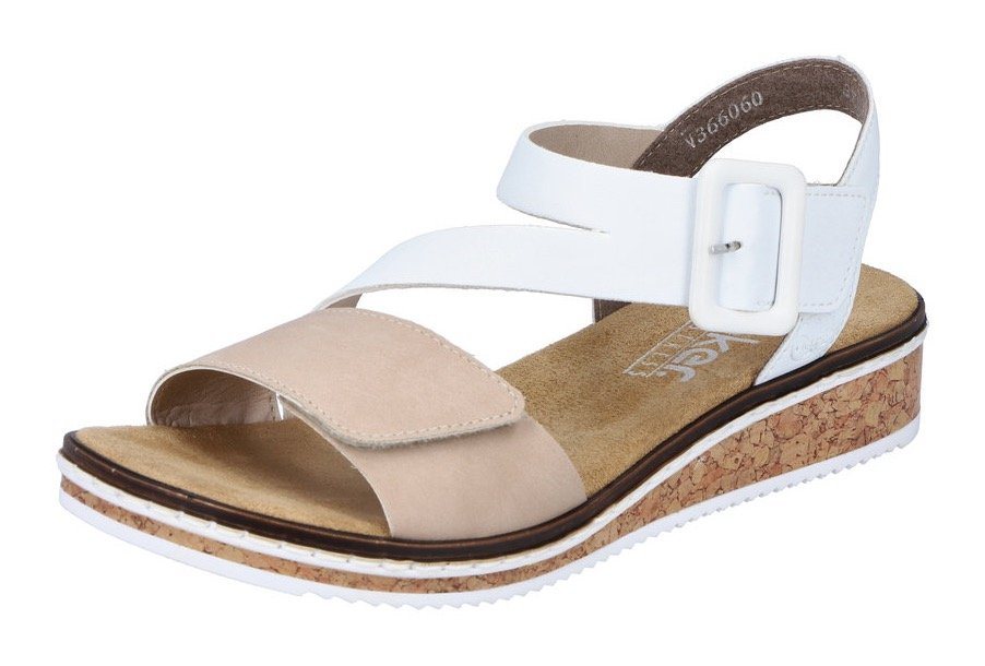 Rieker Riemchensandale, Sommerschuh, Sandalette, Keilabsatz, mit asymmetrischem Riemchen (beige/weiß)