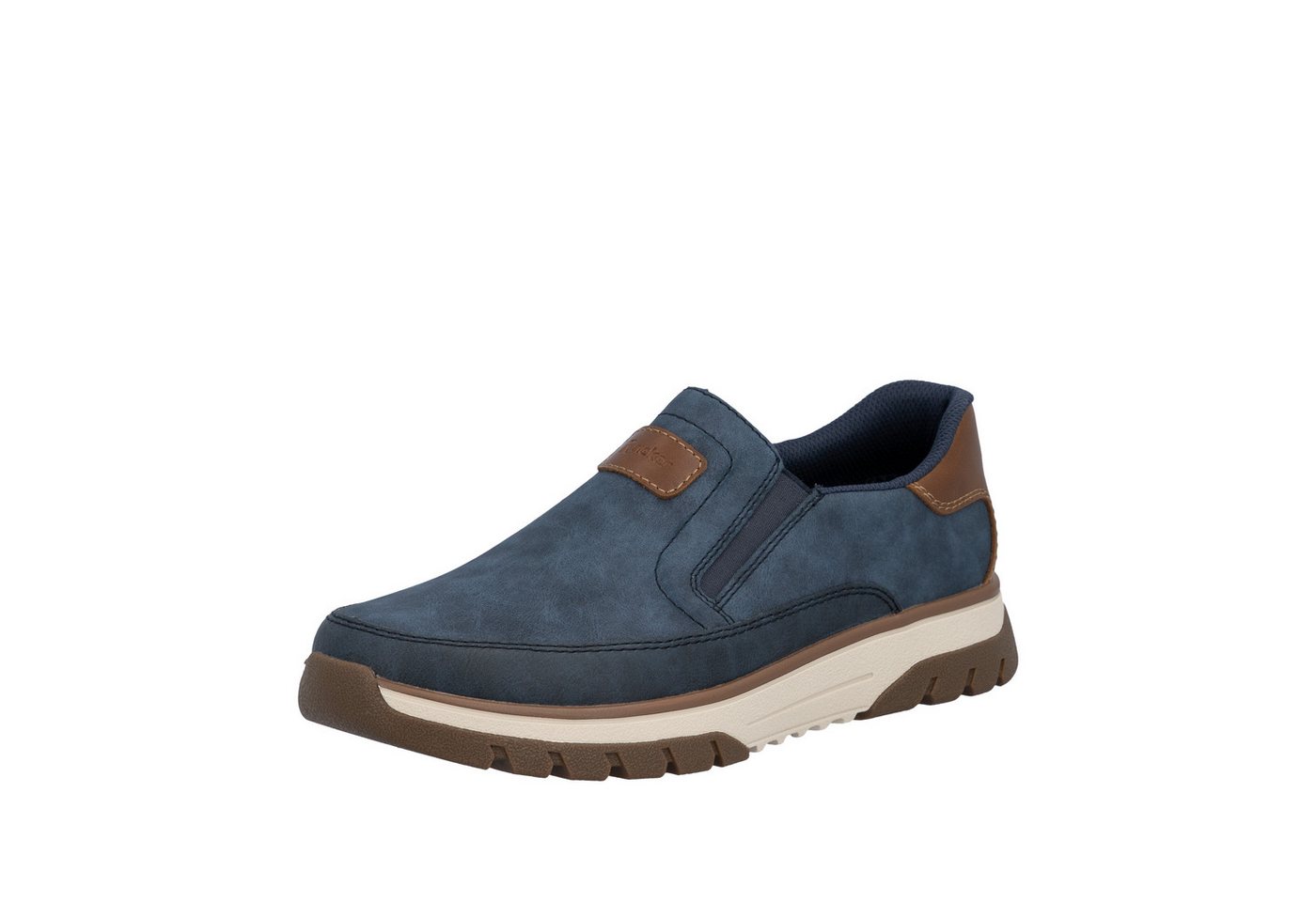 Rieker Slip-On Sneaker Slipper, Halbschuh, Freizeitsneaker mit Kontrastbesatz (blau/braun)
