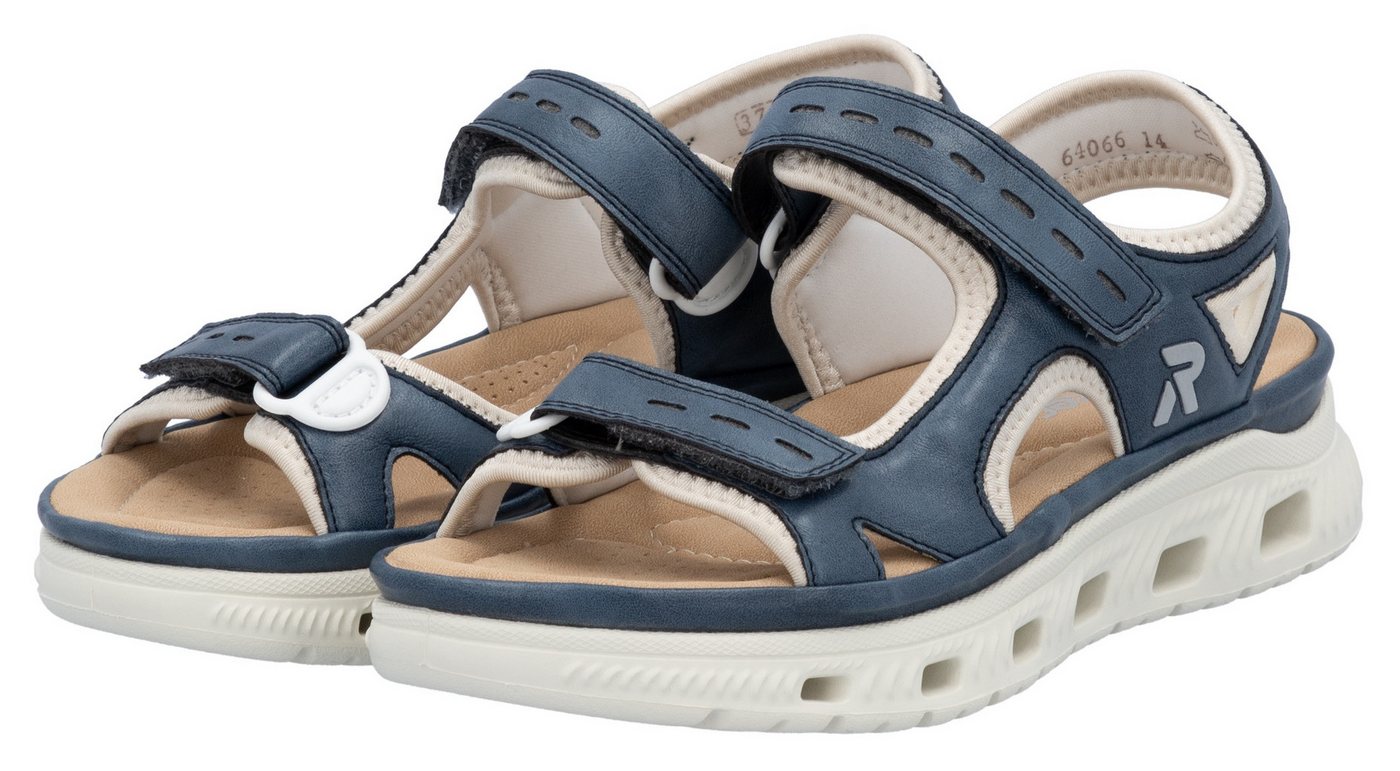 Rieker Sport Outdoorsandale Sandale, Sommerschuh, Sandalette, Plateauabsatz, mit Klettverschlüssen (blau/beige)