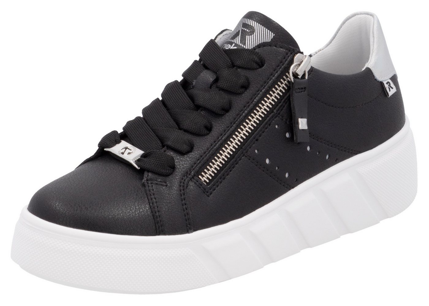 RIEKER Sport Plateausneaker, Freizeitschuh, Halbschuh, Schnürschuh mit seitlicher Perforation (schwarz/weiß)