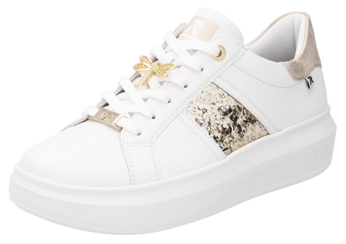RIEKER Sport Plateausneaker mit stylischen Metallic-Details, Freizeitschuh, Halbschuh, Schnürschuh (gold/weiß)