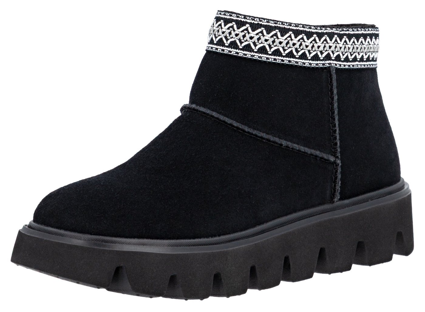 RIEKER Sport Winterboots Plateauboots, Stiefelette mit Textileinfass im Ethno-Look (schwarz)