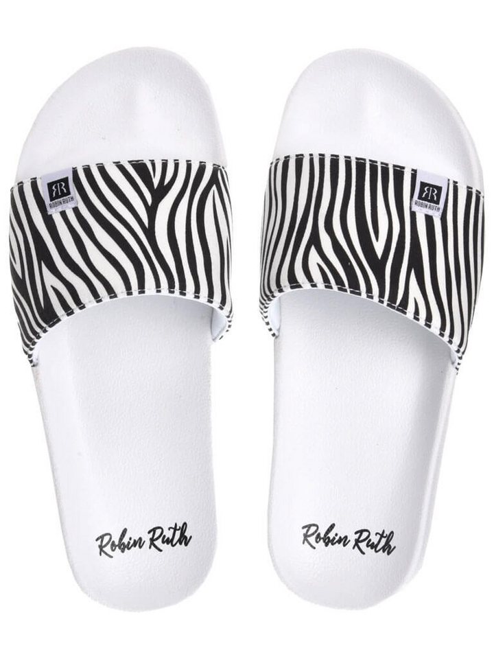 Robin Ruth Slipper Damen Slipper Sandale mit flacher Sohle - Badeschuhe Badelatschen (schwarz)