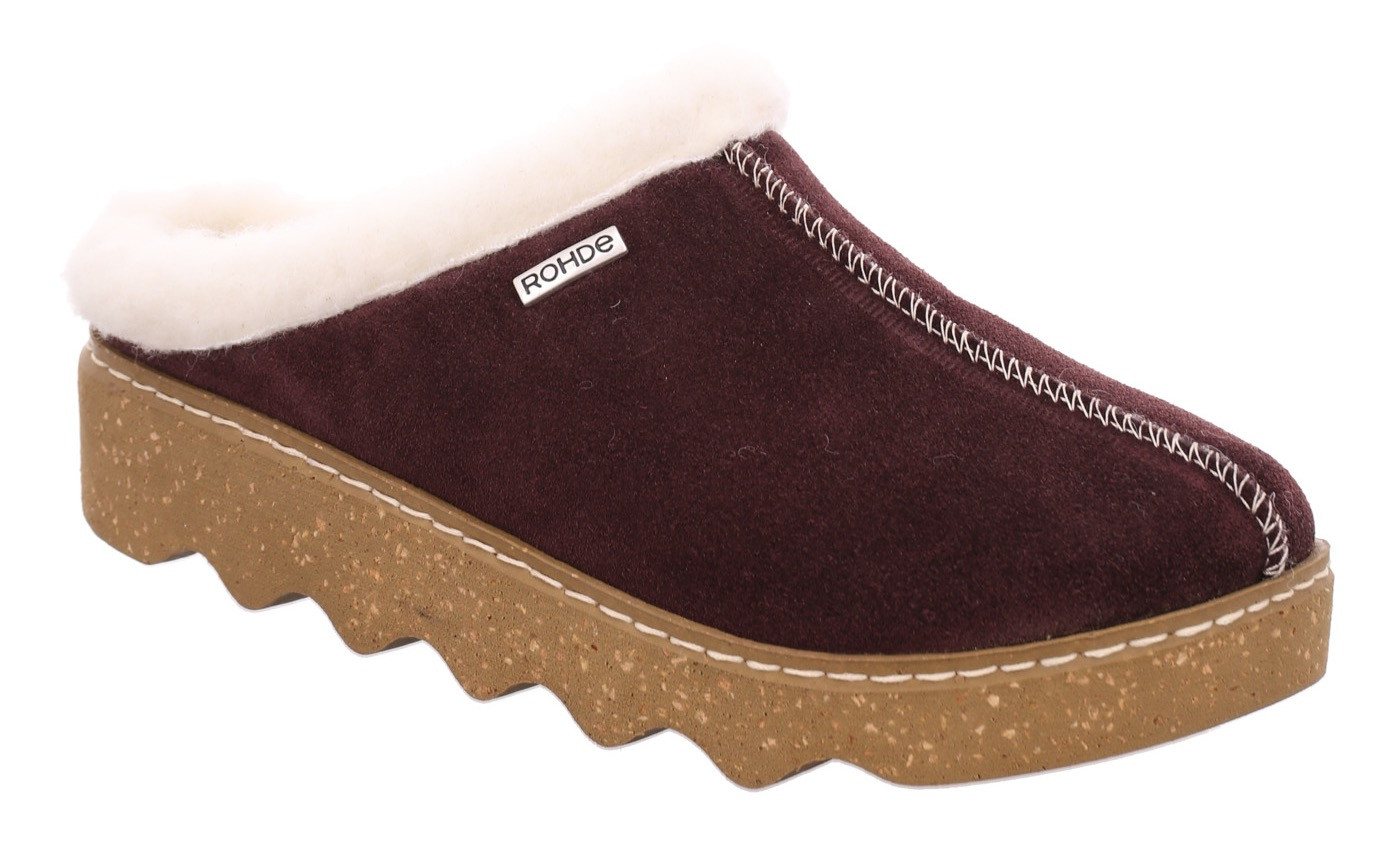 Rohde FOGGIA-D Pantoffel Hausschuh, Clog mit herausnehmbarer Innensohle aus Lammwolle (aubergine)