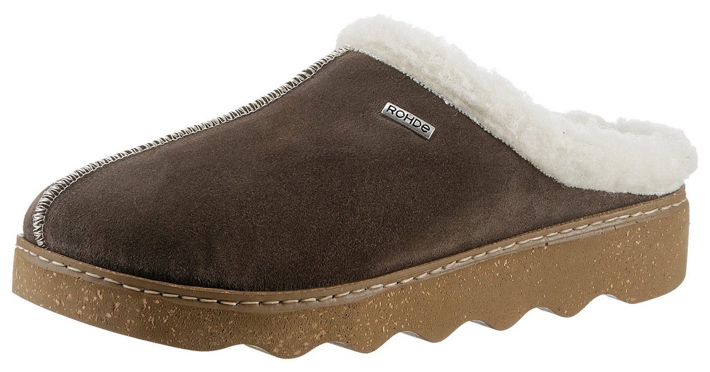 Rohde FOGGIA-D Pantoffel Hausschuh, Clog mit herausnehmbarer Innensohle aus Lammwolle (braun)