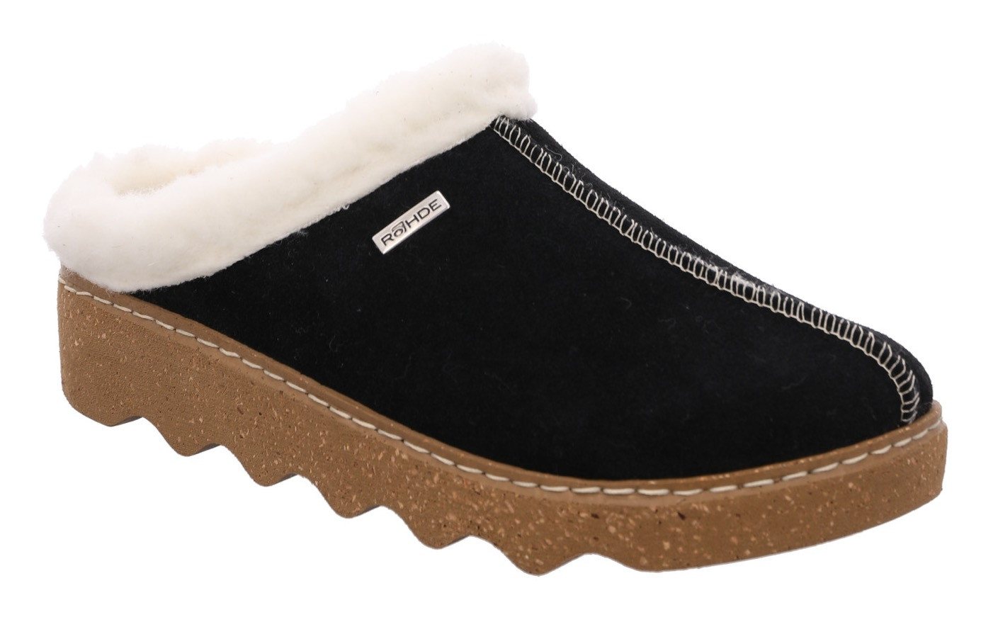 Rohde FOGGIA-D Pantoffel Hausschuh, Clog mit herausnehmbarer Innensohle aus Lammwolle (schwarz)