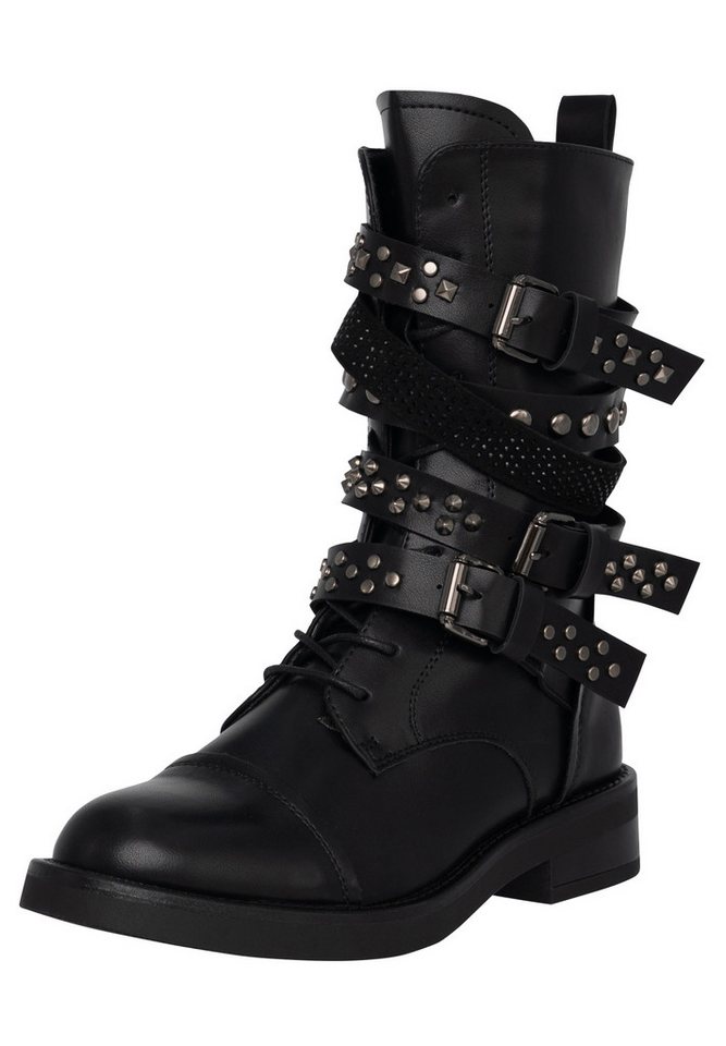 Salinyang Biker Boots mit Nieten, Schnallenriemen und Reißverschluss Stiefel