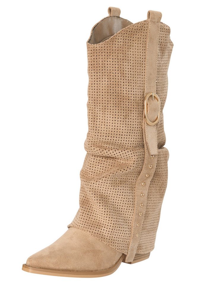 Salinyang Cowboy Boots Damen mit Cut Out Muster & Ziergürtel High-Heel-Stiefel (beige)