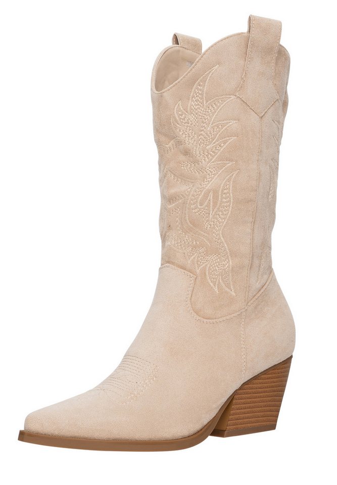 Salinyang Cowboy Boots Damen mit Stickerei Western Stiefel Blockabsatz Midi Stiefel (beige)