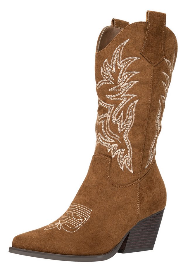 Salinyang Cowboy Boots Damen mit Stickerei Western Stiefel Blockabsatz Midi Stiefel