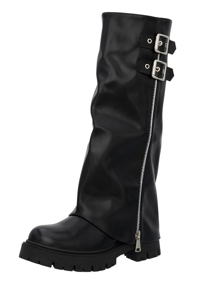 Salinyang Damen Biker Boots mit Schnallen & Reißverschluss Chunky Stiefel Stiefel