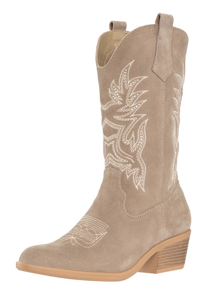 Salinyang Damen Cowboy Boots in Wildlederoptik mit Stickerei Western Stiefel (beige)