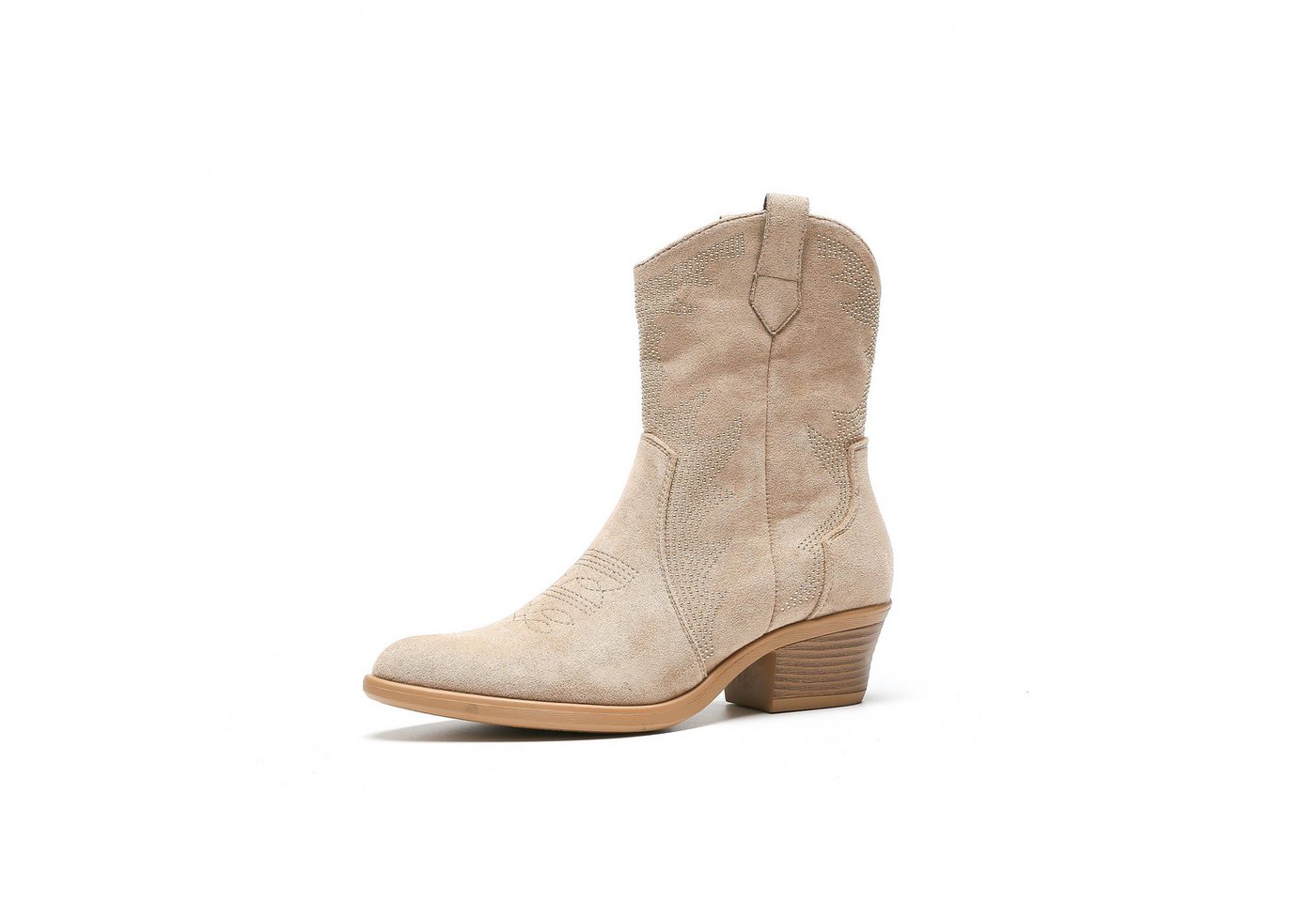 Salinyang Damen Cowboy Boots mit Stickerei – Western mit Blockabsatz Stiefelette (beige)