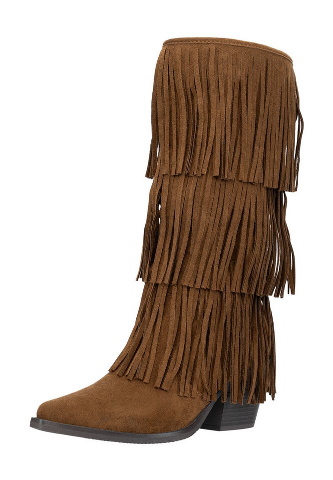 Salinyang Damen Fransen Cowboy Boots Beige mit Western Style & Wildlederoptik Cowboystiefel