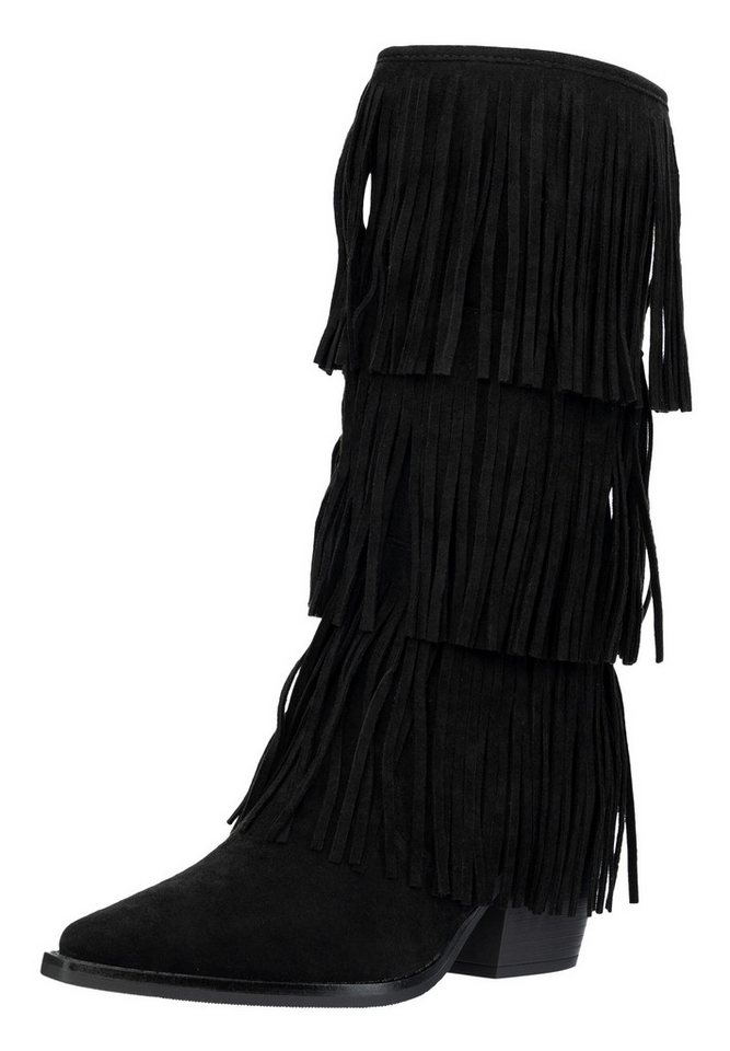Salinyang Damen Fransen Cowboy Boots Beige mit Western Style & Wildlederoptik Cowboystiefel (schwarz)
