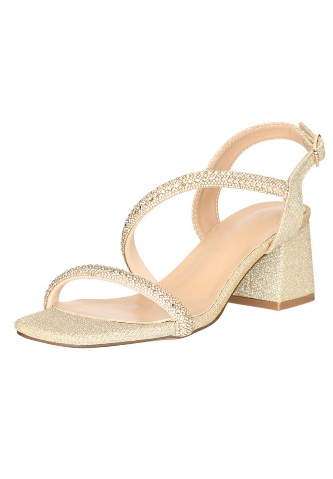 Salinyang Damen Sandaletten mit Strassriemen und Blockabsatz – Elegant Sandalette (gold)