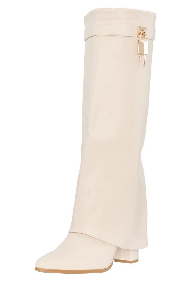 Salinyang Kniehohe Stiefel Overlay Boots Damen mit Blockabsatz Elegant Stiefelette