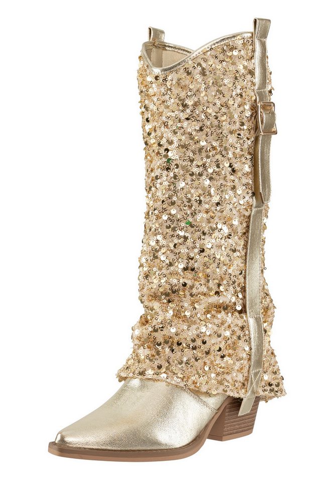 Salinyang Pailletten Stiefel Damen Cowboy Boots Kunstleder Stiefel Glitzer Look Stiefel (gold)