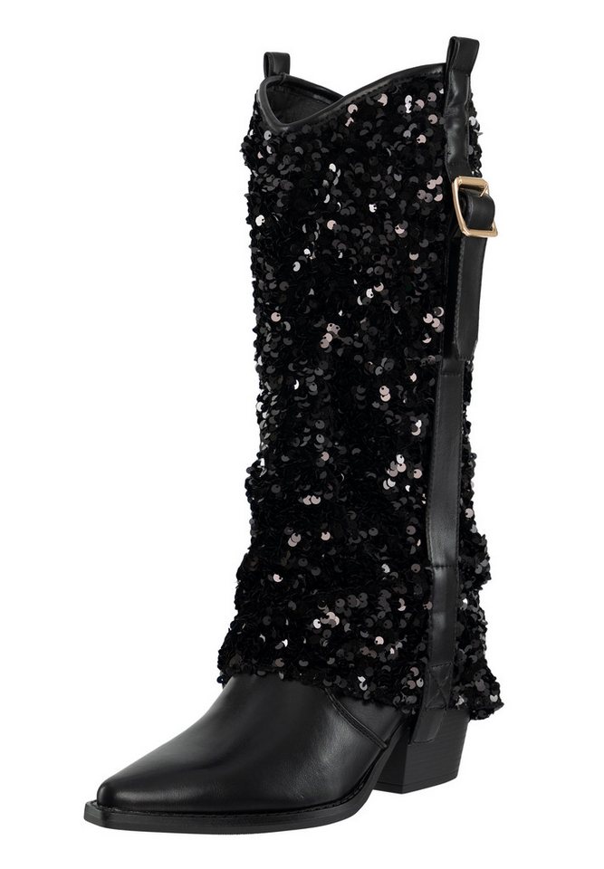 Salinyang Pailletten Stiefel Damen Cowboy Boots Kunstleder Stiefel Glitzer Look Stiefel