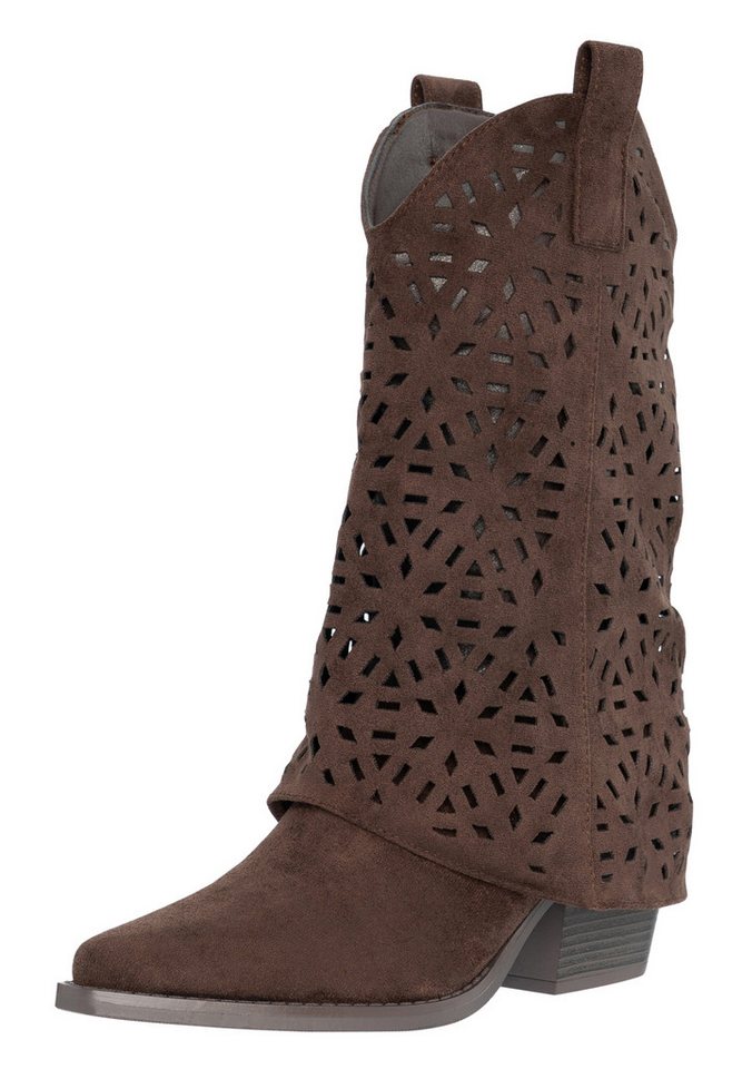 Salinyang Damen Cowboy Boots in Wildlederoptik mit Cut-Out Muster & Blockabsatz Cowboystiefel