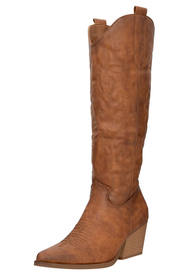 Salinyang Damen Western Boots mit Stickerei, spitzer Form und Blockabsatz Cowboy Stiefel