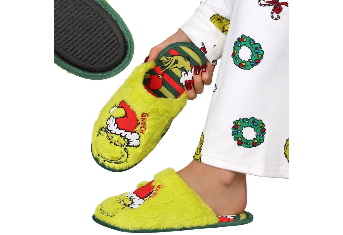 Sarcia.eu Grinch ANTI-RUTSCH-Hausschuhe für Damen, WEIHNACHTS-Hausschuhe, WARM Plüsch Hausschuhe