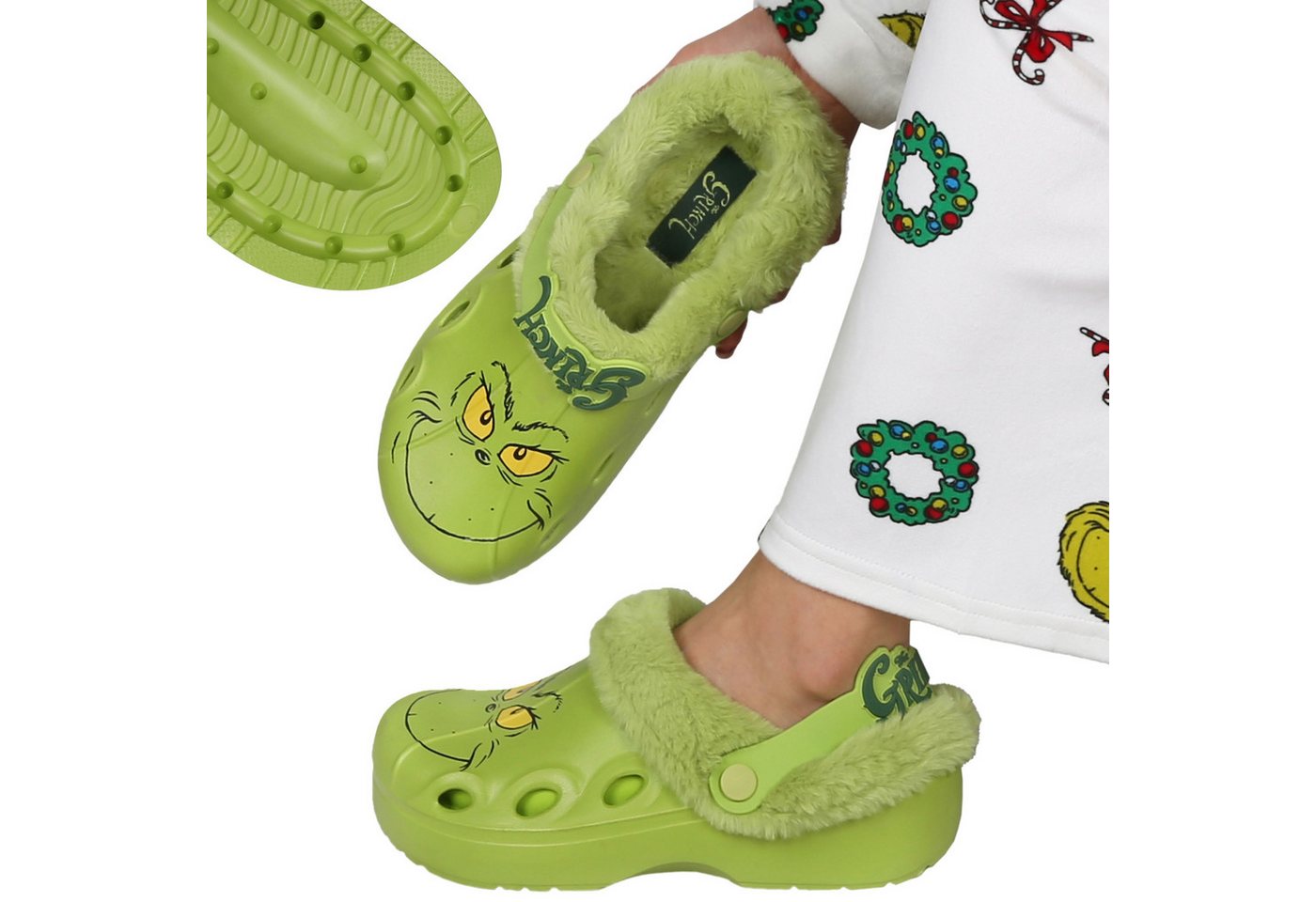 Sarcia.eu Grinch Clogs, warme weihnachtliche Hausschuhe mit Fell für Erwachsene Clog