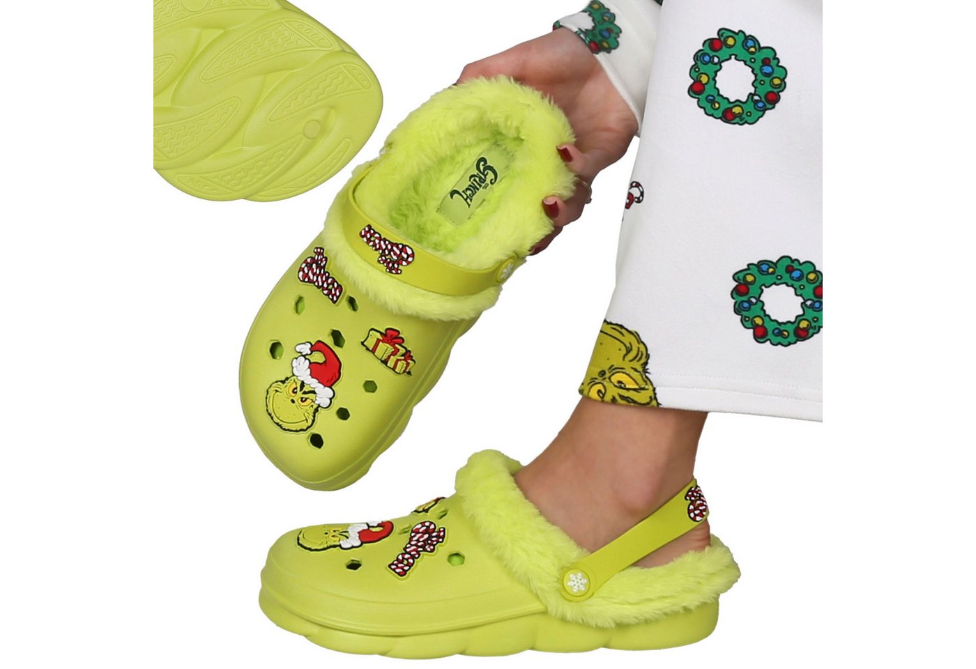 Sarcia.eu Grinch Kinderclogs, ISOLIERTE Weihnachtsclogs mit Fell für Kinder Hausstiefel
