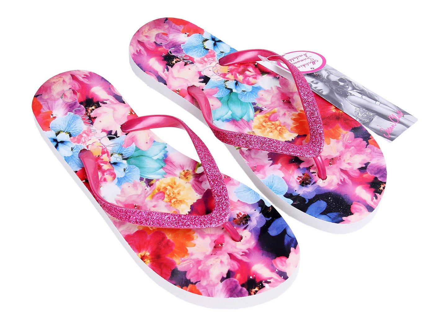 Sarcia.eu Rosa geblümte Flip Flops, glitzernde PRIMARK ATMOSPHERE 36-37 EU Badezehentrenner