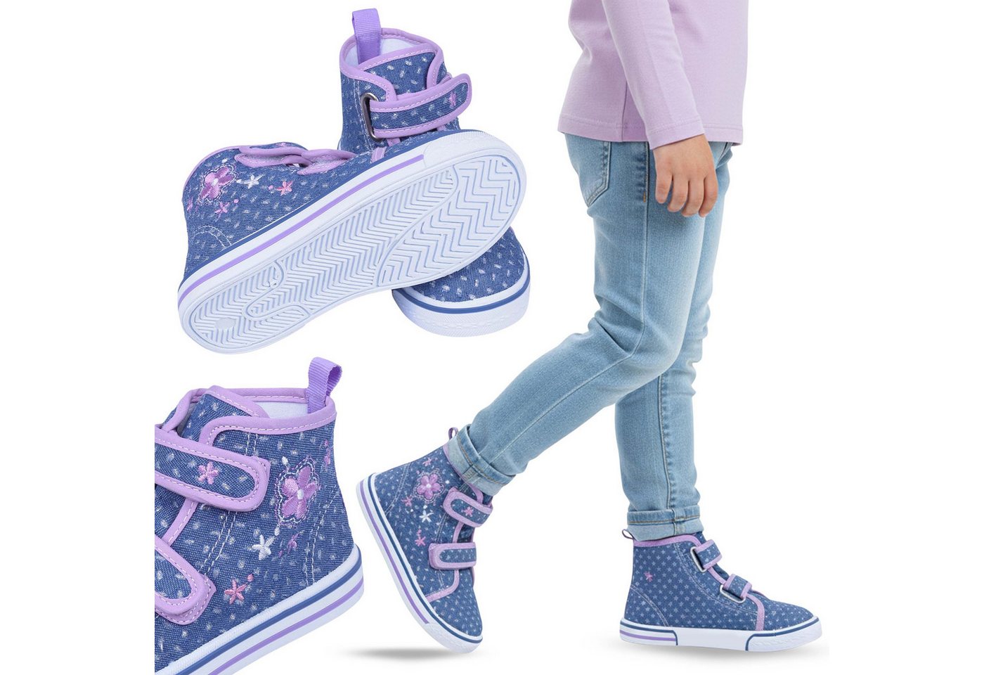 Sarcia.eu Sportschuhe für Mädchen, hohe Jeans-Sneakers mit Stickerei und Klett Hallenschuh