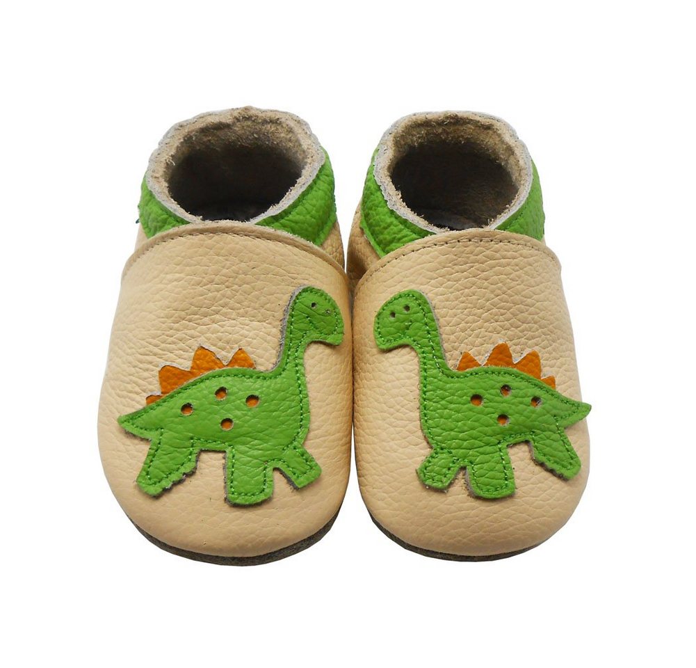 Sayoyo Weiche Leder Lauflernschuhe Hausschuhe Lederpuschen Dino Beige Krabbelschuh (100% Leder) elastisch